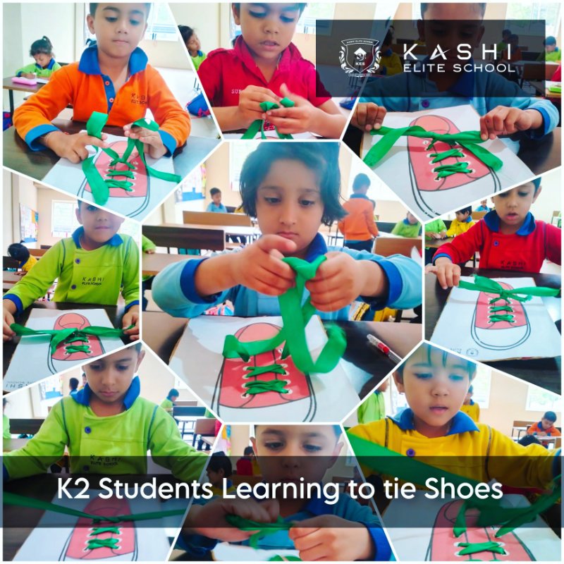 K2 Students - Learning to Tie Shoes Activity for kids in Kashi Elite School, Khandwa